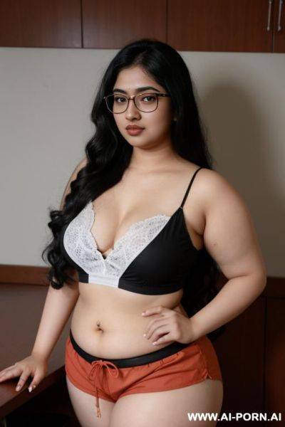 Pale skin, cute, beautiful, indian woman, round glasses, round boobs, shorts, chubby, navel piercing, chubby - ai-porn.ai - India on pornsimulated.com