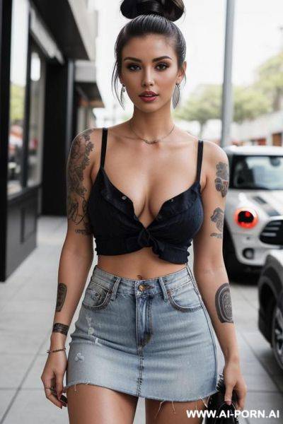 Low cut shirt, ripped jeans, jeans unbuttoned, exposed panties, tits out, piercing, classy tattoos - ai-porn.ai on pornsimulated.com