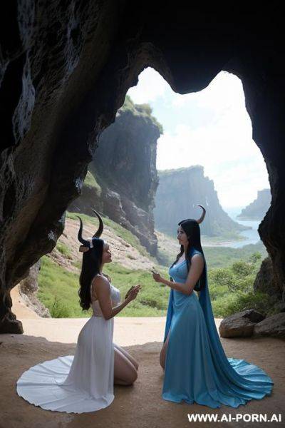 The image depicts two female characters with horns, one wearing a blue dress and the other in a white dress, in a fantasy setting, with a cave in the background, and one of them is standing and the other is kneeling. - ai-porn.ai on pornsimulated.com