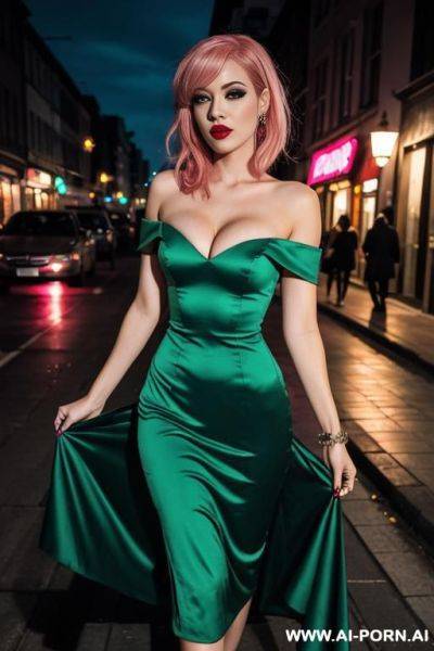 Vampire, pink hair, sexy green dress, night street - ai-porn.ai on pornsimulated.com