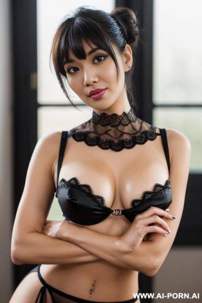 A woman indonesian, black eyes, black hair, lips, long hair, looking at viewer, photo background, signature, solo, violet lace half cup bra, nylon stockings，platform heels，whole body，stand，tods the - ai-porn.ai - Poland - Indonesia on pornsimulated.com