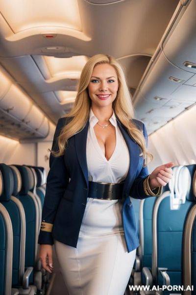 Smile face, air hostess, very big tits, air hostess uniform, standing, stedess, nice face, only jacket, saggy tits, touch tits, flight atdant, very big cleavage - ai-porn.ai on pornsimulated.com