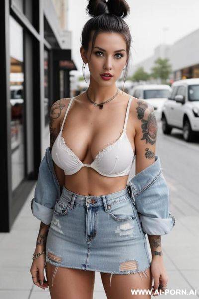 Ripped jeans, jeans unbuttoned, exposed panties, tits out, piercing, classy tattoos - ai-porn.ai on pornsimulated.com