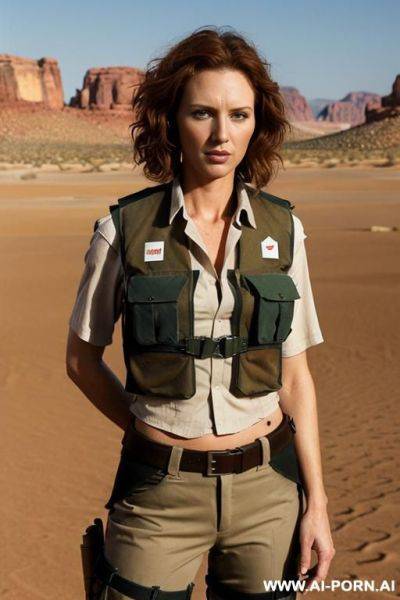 (place: desert), (clothes: ragged uniform, bulletproof vest), (weapon in hands), (short hair), aussie - ai-porn.ai on pornsimulated.com