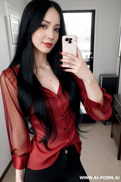 Woman long hair red blouse selfie - ai-porn.ai on pornsimulated.com