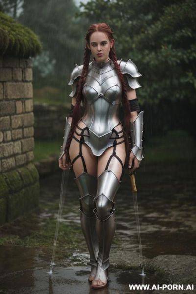 Skimpy armor, lewd, wet hair, wet, flashing pussy, legs spread - ai-porn.ai on pornsimulated.com