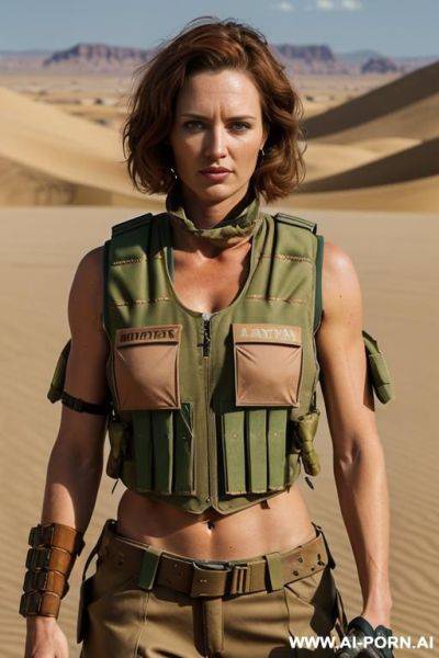 (place: desert), (clothes: ragged sand colored military uniform, bulletproof vest), (weapon in hands), (short hair), aussie - ai-porn.ai on pornsimulated.com