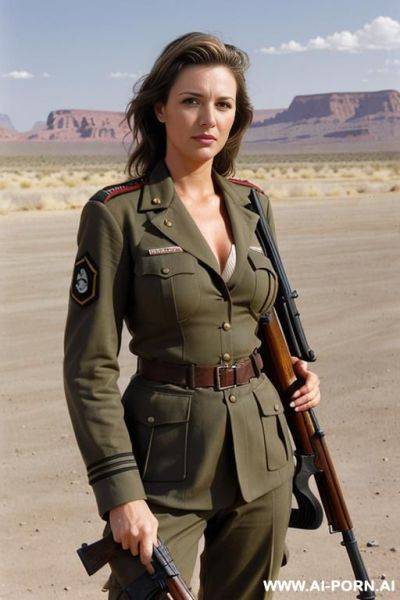 (place desert sactuary);(hair: highlights, long);(holding rifle);(clothes: ragged old military uniform);(large boobs) - ai-porn.ai on pornsimulated.com