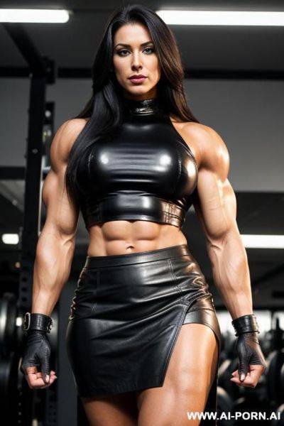 Big, impressive body building lady in leather, leather skirt, leather skirt, biceps, long hair - ai-porn.ai on pornsimulated.com