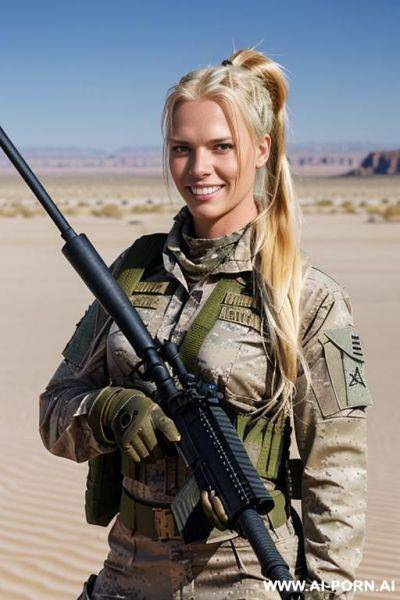 (place: desert), (clothes: ragged camoflaged military uniform), (sniper rifle in hands), (long hair) - ai-porn.ai on pornsimulated.com