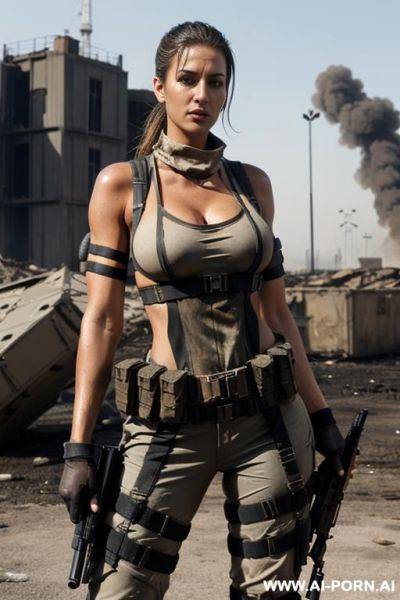 {collapsed industrial site), rifle in hands, munition belt, wet tank top - ai-porn.ai on pornsimulated.com