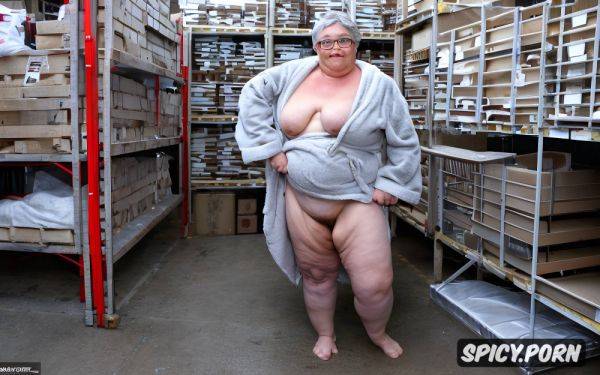 Flashing tits, thick eyeglasses, frontal view, topless, in a household goods warehouse - spicy.porn on pornsimulated.com