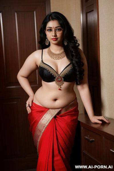 Pale skin, cute, beautiful, indian woman, round glasses, round tits, red saree, chubby, full body, hip chain - ai-porn.ai - India on pornsimulated.com