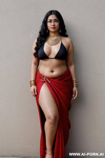 Skin, , beautiful, indian woman, round glasses, round tits, red saree, chubby, full body, hip chain - ai-porn.ai - India on pornsimulated.com