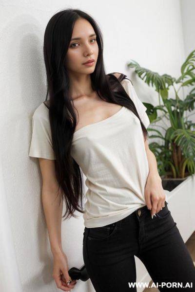 Woman, long hair, long, loose, knee-length cream t-shirt - ai-porn.ai on pornsimulated.com