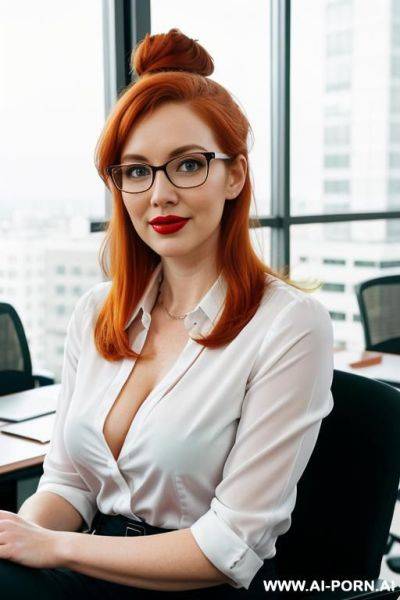 White, big cleavage, business glasses, thick lips, red lipstick, sitting on chair, full body shot - ai-porn.ai on pornsimulated.com