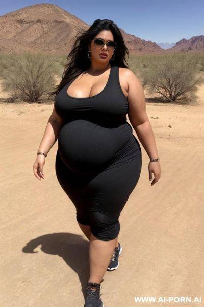 A huge mexican woman, she has a obese body, huge belly, saggy belly, wearing a black tank top, massive huge breast, very big long saggy huge breast, she is walking in the desert - ai-porn.ai - Mexico on pornsimulated.com