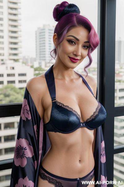 Female geisha ((high muscle tone)) large perfect natural breasts, smirking, alluring facial expression, hourglass figure (( open floral silk kimono )) perfect body)) - ai-porn.ai on pornsimulated.com