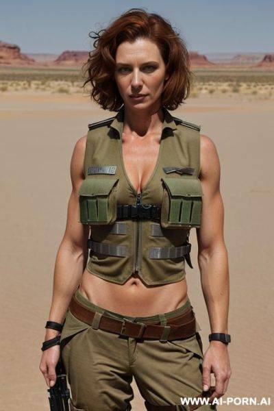 (place: desert), (clothes: ragged military uniform, bulletproof vest), (weapon in hands), (short hair), aussie - ai-porn.ai on pornsimulated.com