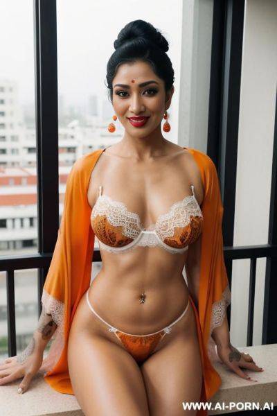 Female geisha ((high muscle tone)) large perfect natural breasts, smirking, alluring facial expression, hourglass figure (( open lace kimono )) perfect body)) - ai-porn.ai on pornsimulated.com