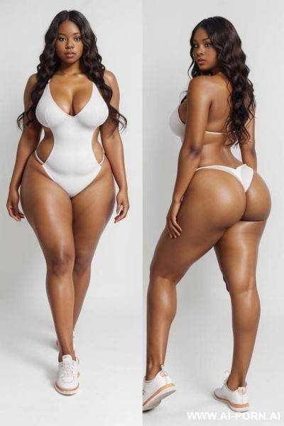 Papau new guinean woman, full body view, full portrait veiw, long sexy legs, thick thighs, hour glass body, wearing sneakers, white background, - ai-porn.ai on pornsimulated.com