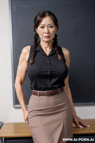 Old milf, (((totally naked))), naughty, two braids, show hairy pussy, dense dark pubic hair, very strict and cruel teacher, dressed like a strict but seductive teacher milf, wearing a tight high-necked sleeveless blouse - ai-porn.ai on pornsimulated.com