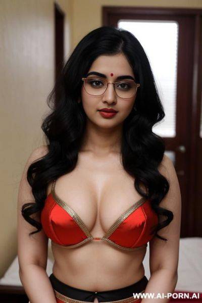 Pale skin, cute, beautiful, indian woman, round glasses, round boobs, red saree, chubby, flashing navel - ai-porn.ai - India on pornsimulated.com