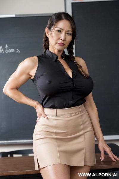 Old milf, (((totally naked))), naughty, two braids, show hairy pussy, dense dark pubic hair, very strict and cruel teacher, dressed like a strict but seductive teacher milf, wearing a tight high-necked sleeveless blouse, high-slit skirt, both arms up - ai-porn.ai on pornsimulated.com