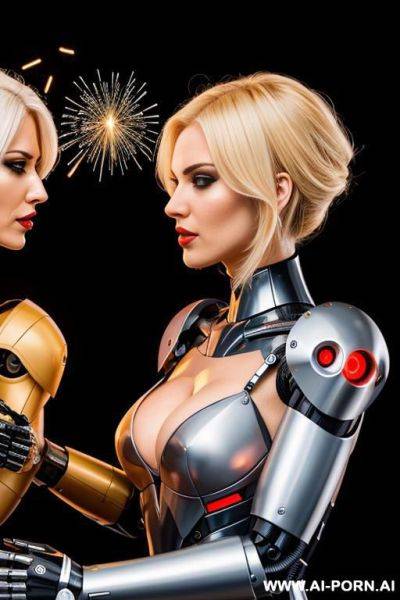 Blonde robots fighting, sparks, malfunction, head off - ai-porn.ai on pornsimulated.com