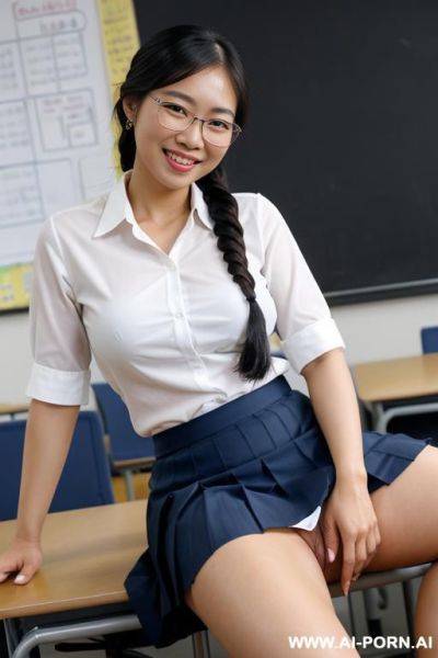 Thai woman, fair skin, big breasts, two braids, glasses, smiling, happy ((naked)), naked, spread legs ((cock in pussy)), see pussy, show pussy, white shirt, short pleated dark blue skirt, on the desk, classroom - ai-porn.ai - Thailand on pornsimulated.com