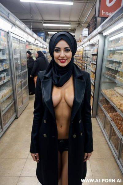 Hijab, dark eyeliner, kosher market, direct eye contact, from face to knee view, show shaved pussy, long open coat, totally naked - ai-porn.ai on pornsimulated.com