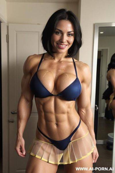 Yellow string bikini, muscular abs, muscular arms, muscular shoulders, muscular legs, beauty queen, posing, bodybuilder, full body view, bobcut hair, - ai-porn.ai on pornsimulated.com