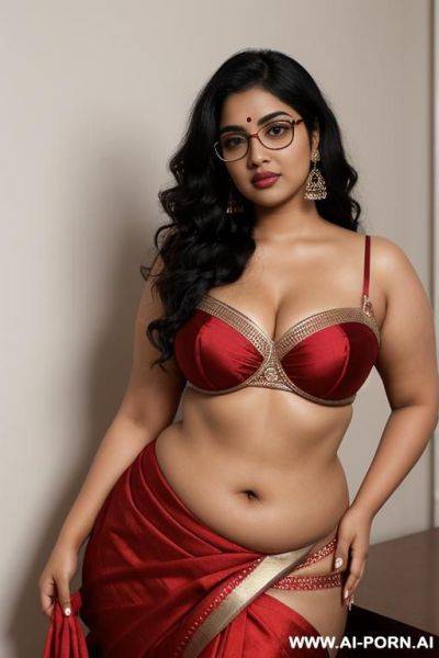 Skin, , beautiful, indian woman, round glasses, round boobs, red saree, chubby, flashing navel, full body - ai-porn.ai - India on pornsimulated.com