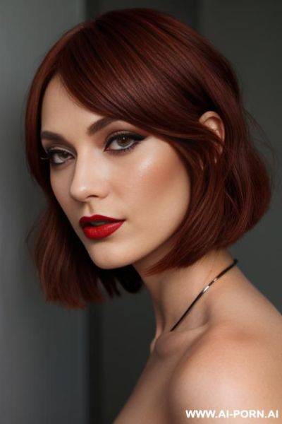 Dark ginger hair, 9, long bob haircut, dark red lipstick, eyeliner, mascara, topless, head to toe - ai-porn.ai on pornsimulated.com