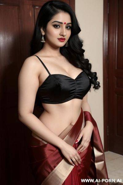 Pale skin, cute, beautiful, indian woman, round glasses, round boobs, red saree, chubby, full body - ai-porn.ai - India on pornsimulated.com