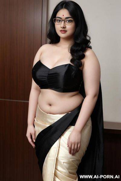 Pale skin, cute, beautiful, indian woman, round glasses, round boobs, saree, full body, navel, chubby - ai-porn.ai - India on pornsimulated.com