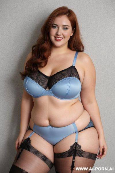 Full body photo shot from front, about at street, fat bbw curvy teacher, wearing a sexy and hot blue lace stocking lingeries, she is on open legs pose, - ai-porn.ai on pornsimulated.com