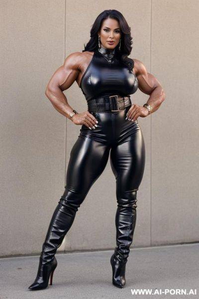 Fully in leather, big, strong body building milf, high leather boots, stiletto heel, standing tall, showing biceps, leather trousers, regular breasts - ai-porn.ai on pornsimulated.com