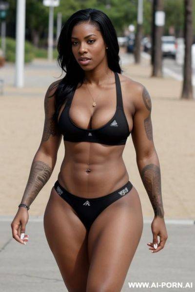 Tattooed, athletic black woman, d cups, masturbating in public - ai-porn.ai on pornsimulated.com