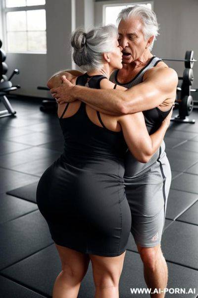 A very old lady, shocked face, gray messy hair, curvy body in a gym dress, is groped with passion from behind by a stranger man male simulating sexual intercourse during a stretching session - ai-porn.ai on pornsimulated.com