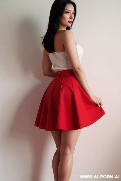 A woman in a red skirt bends over, her legs are shoulder width apart. - ai-porn.ai on pornsimulated.com