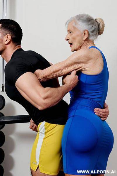 A very old lady in a gym dress is grabbed by her butt by a stranger man in a fitness dress, she is pulled on his pelvis simulating a sexual intercourse, her face is shocked - ai-porn.ai on pornsimulated.com