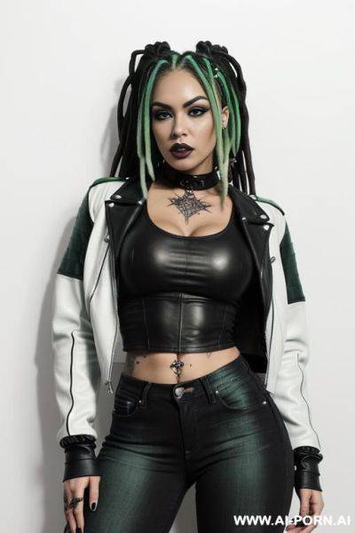 ((beautiful gothic woman with athletic body, athletic build, gorgeous figure, wide hips, natural breasts, light green hair , expressive thick black eyebrows,)) ((body covered with tattoos, white skin, - ai-porn.ai on pornsimulated.com