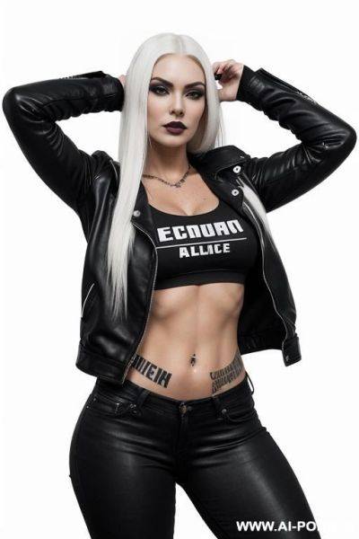 ((beautiful gothic woman with athletic body, athletic build, gorgeous figure, wide hips, natural breasts, straight white long hair, expressive thick black eyebrows,)) ((body covered with tattoos, white - ai-porn.ai on pornsimulated.com