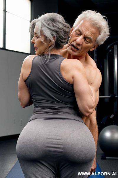 A very old lady, shocked face, gray messy hair, curvy body in a gym dress, is groped with passion from behind by a stranger man male simulating sexual intercourse during a stretching session - ai-porn.ai on pornsimulated.com