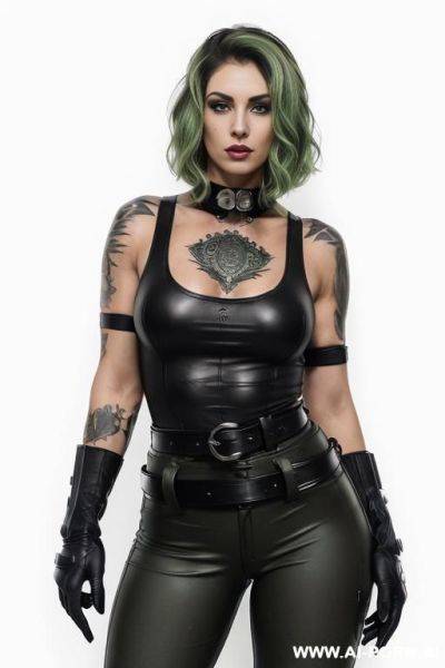 ((beautiful gothic woman with athletic body, athletic build, gorgeous figure, wide hips, natural breasts, poimanous green hair color, expressive thick black eyebrows,)) ((body covered with tattoos, white - ai-porn.ai on pornsimulated.com