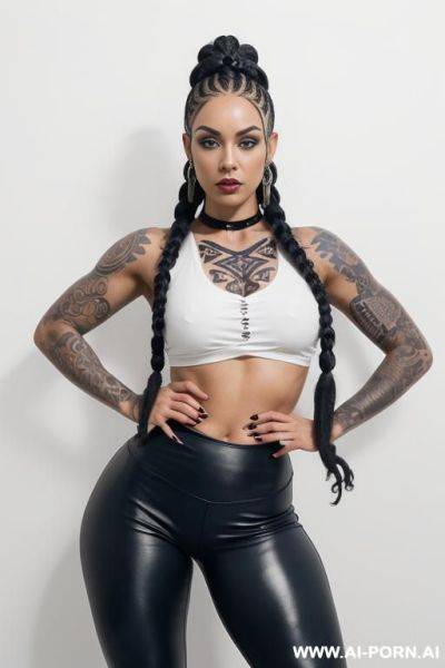 ((beautiful gothic woman with athletic body, athletic build, gorgeous figure, wide hips, natural breasts, dark blue hair braided in a braid , expressive thick black eyebrows,)) ((body covered with - ai-porn.ai on pornsimulated.com