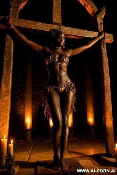 African princess, sad, crucified, in a dark temple - ai-porn.ai on pornsimulated.com