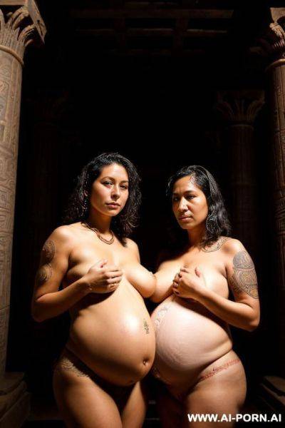 Two women, hawaian, sad, lactation, pregnant, big natural boobs, nude in a dark egiptian temple, tatoos, at night, ritual - ai-porn.ai on pornsimulated.com