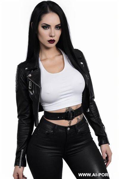 ((beautiful gothic woman with athletic body, athletic build, gorgeous figure, wide hips, natural breasts, straight white long hair, expressive thick black eyebrows,)) ((body covered with tattoos, white - ai-porn.ai on pornsimulated.com